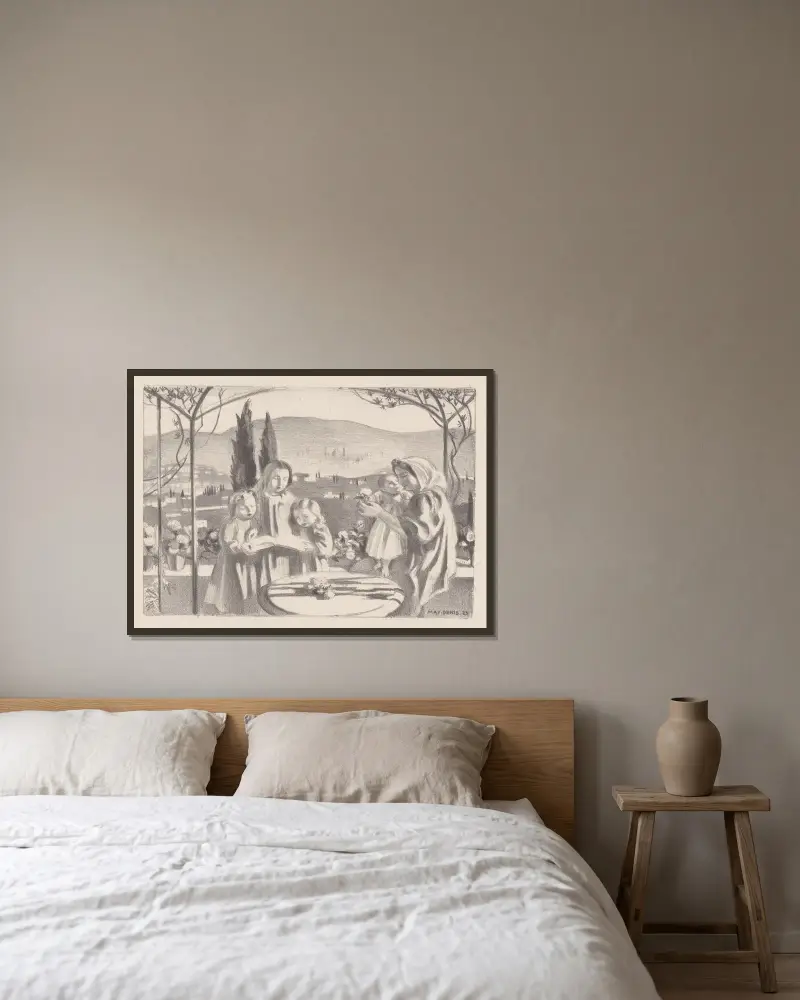 Italienskt landskap med mor och barn och tre sjungande flickor av Maurice Denis inramad på en vägg