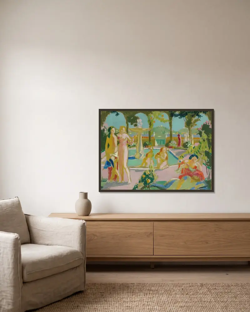 Armidas trädgårdar (skiss) av Maurice Denis inramad på en vägg