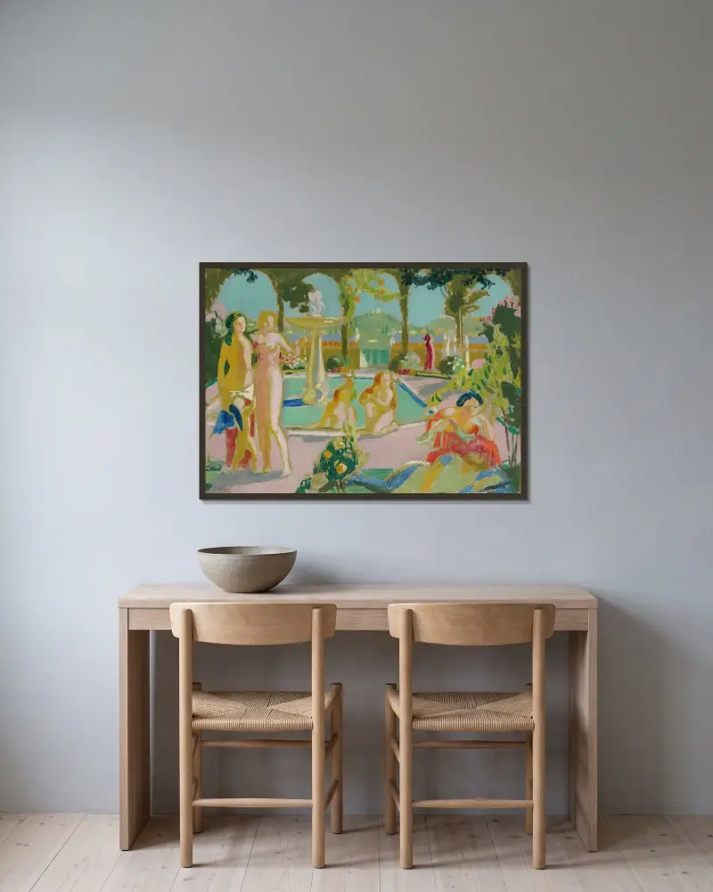 Armidas trädgårdar (skiss) av Maurice Denis inramad på en vägg