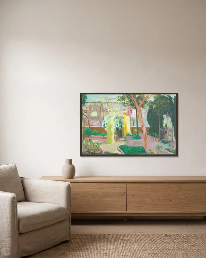 Sankta Katarina läser tidegärden av Maurice Denis inramad på en vägg