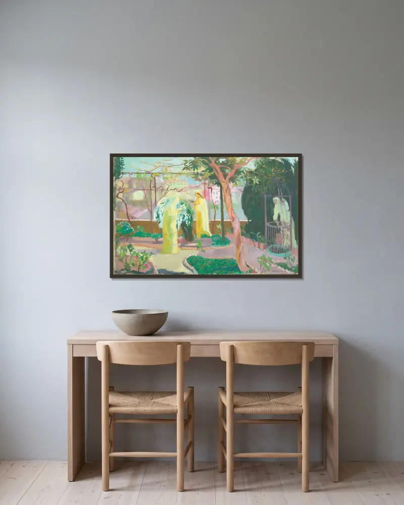 Sankta Katarina läser tidegärden av Maurice Denis inramad på en vägg