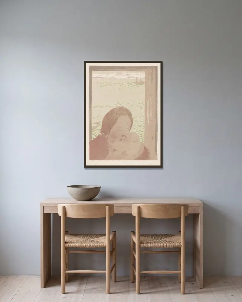 Mor med barn vid havet av Maurice Denis inramad på en vägg
