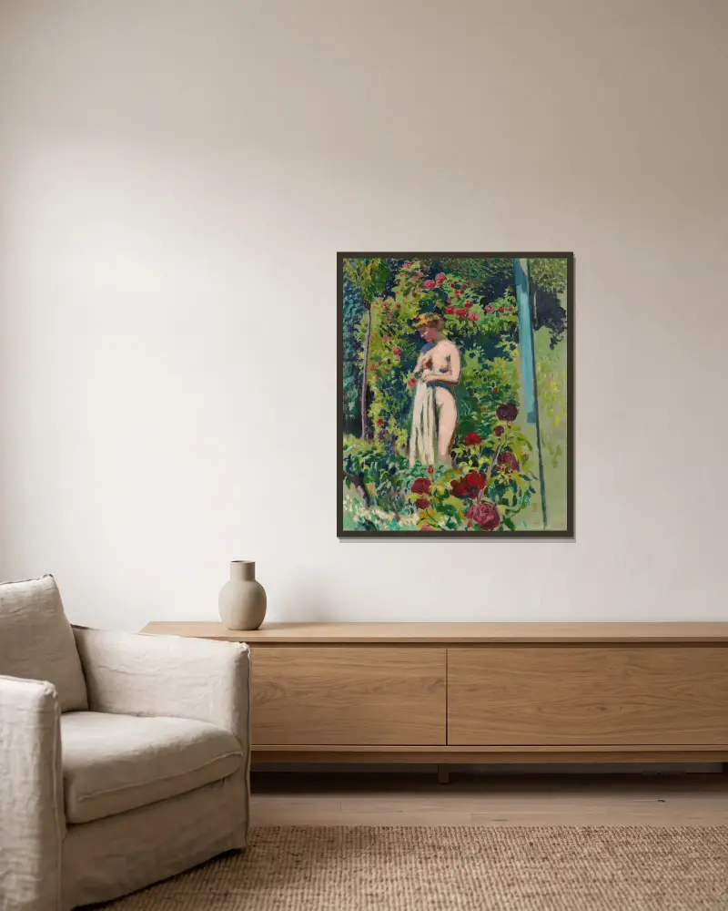 Nymphe mit Blumen (Akt mit Draperie, im Garten) von Maurice Denis gerahmt an einer Wand