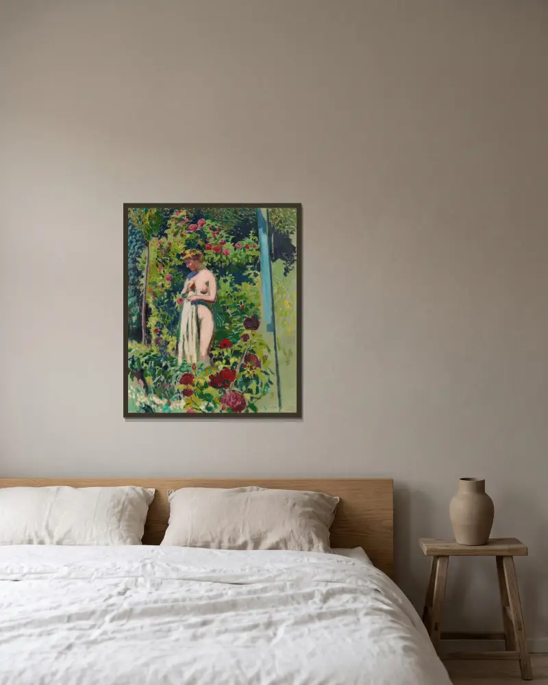 Nymphe mit Blumen (Akt mit Draperie, im Garten) von Maurice Denis gerahmt an einer Wand