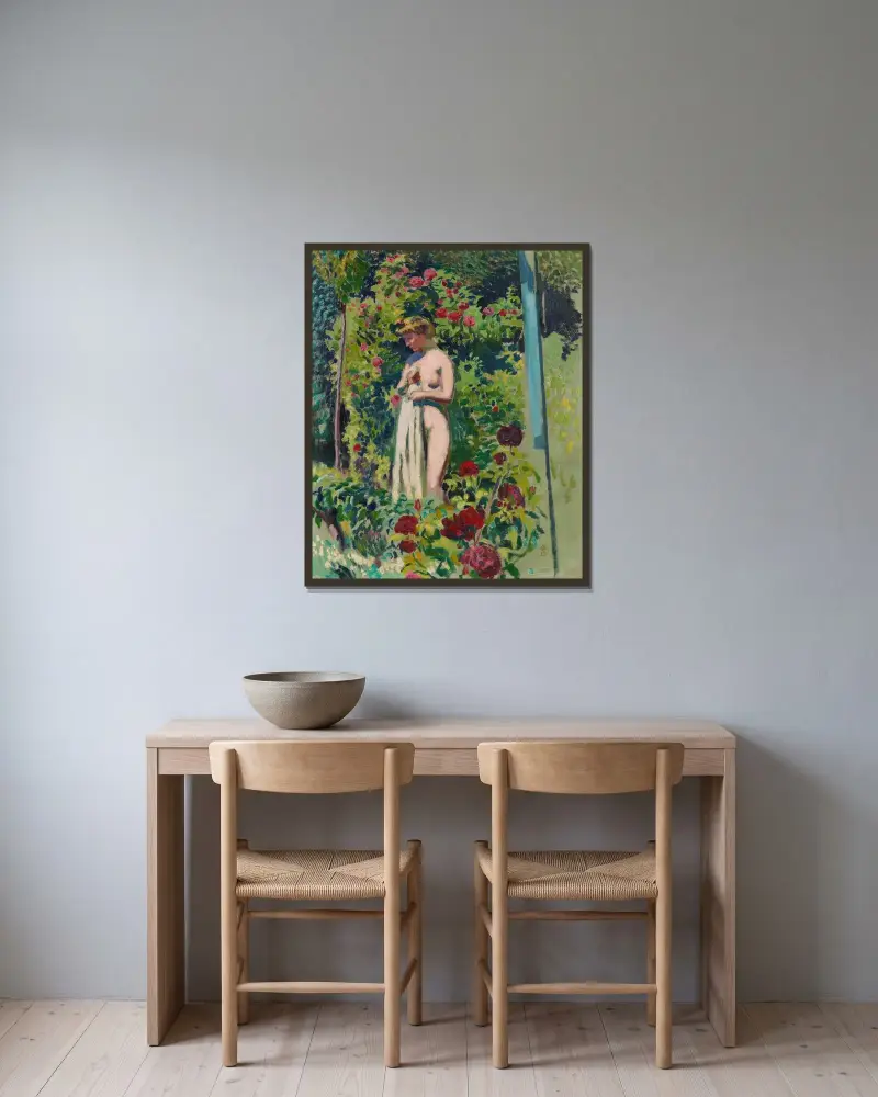 Nymphe mit Blumen (Akt mit Draperie, im Garten) von Maurice Denis gerahmt an einer Wand