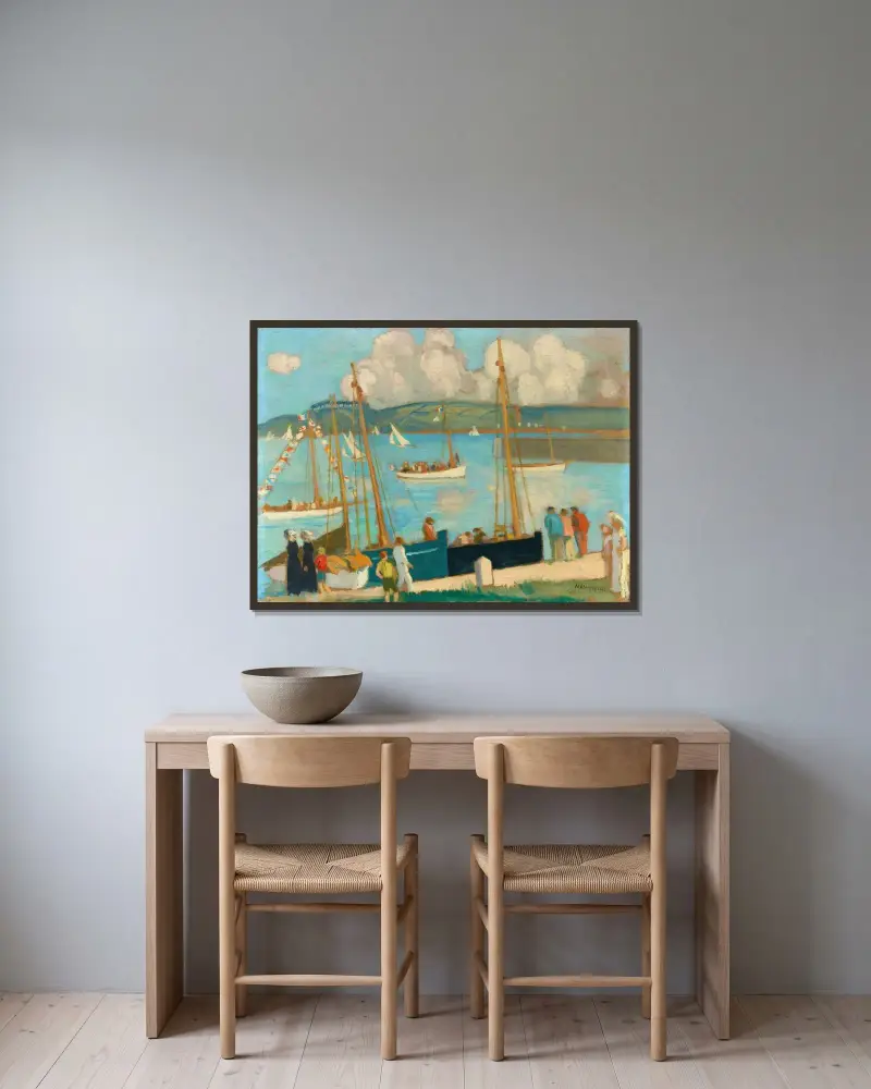 Regattor i Perros-Guirec, vy över hamnen av Maurice Denis inramad på en vägg