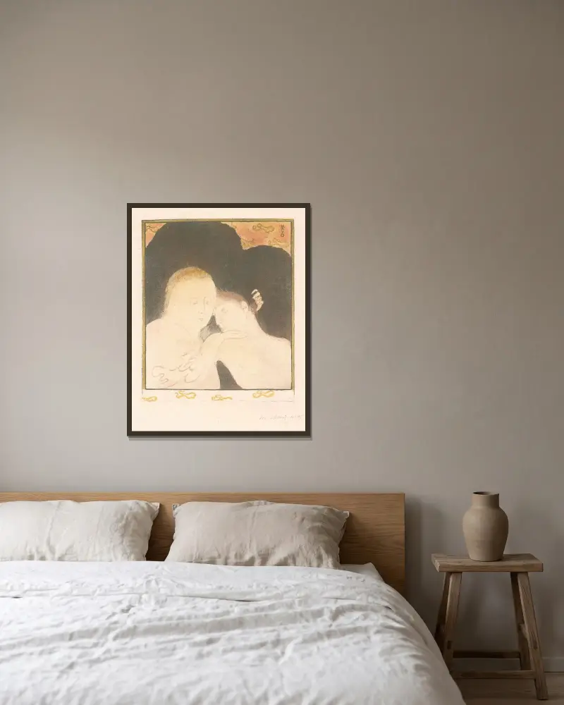 Kvinna som håller en ung man av Maurice Denis inramad på en vägg