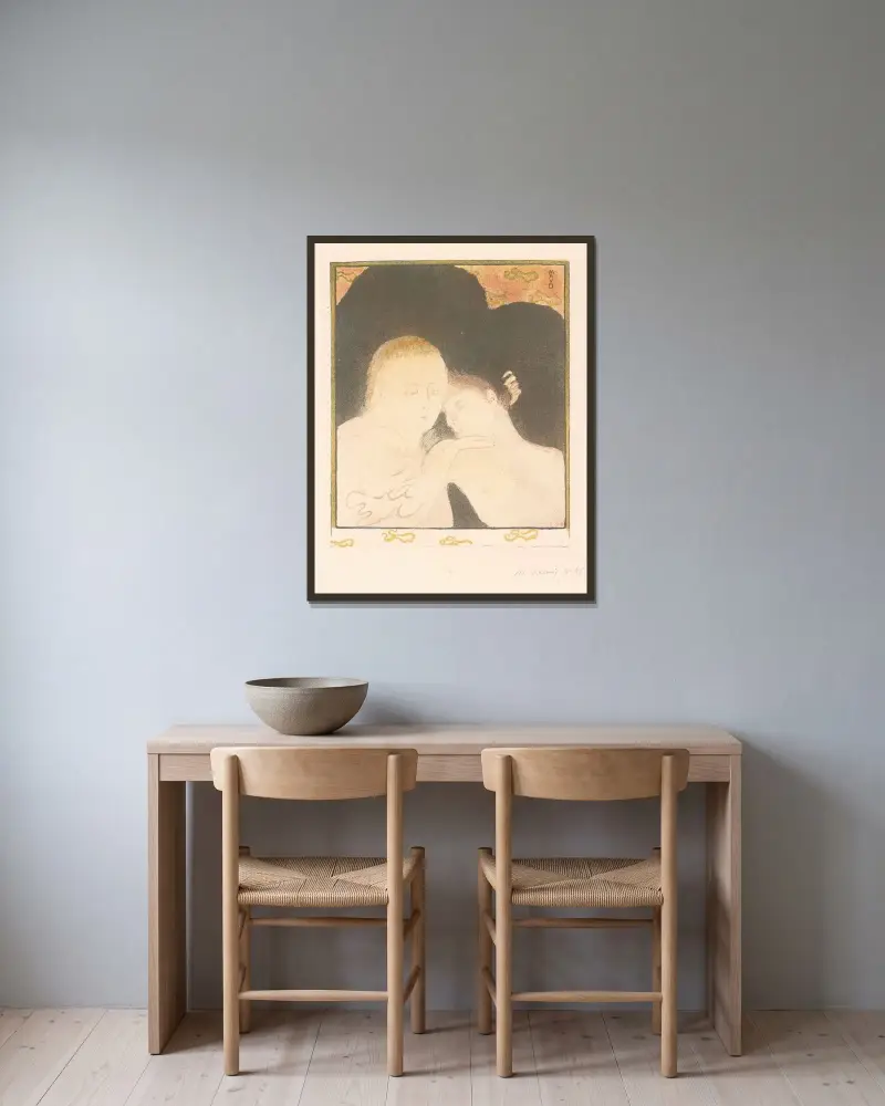 Kvinna som håller en ung man av Maurice Denis inramad på en vägg