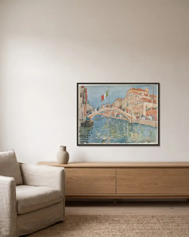 A Bridge In Venice av Maurice Prendergast inramad på en vägg