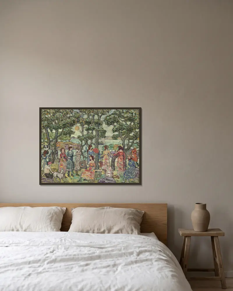 Landschaft mit Figuren von Maurice Prendergast gerahmt an einer Wand