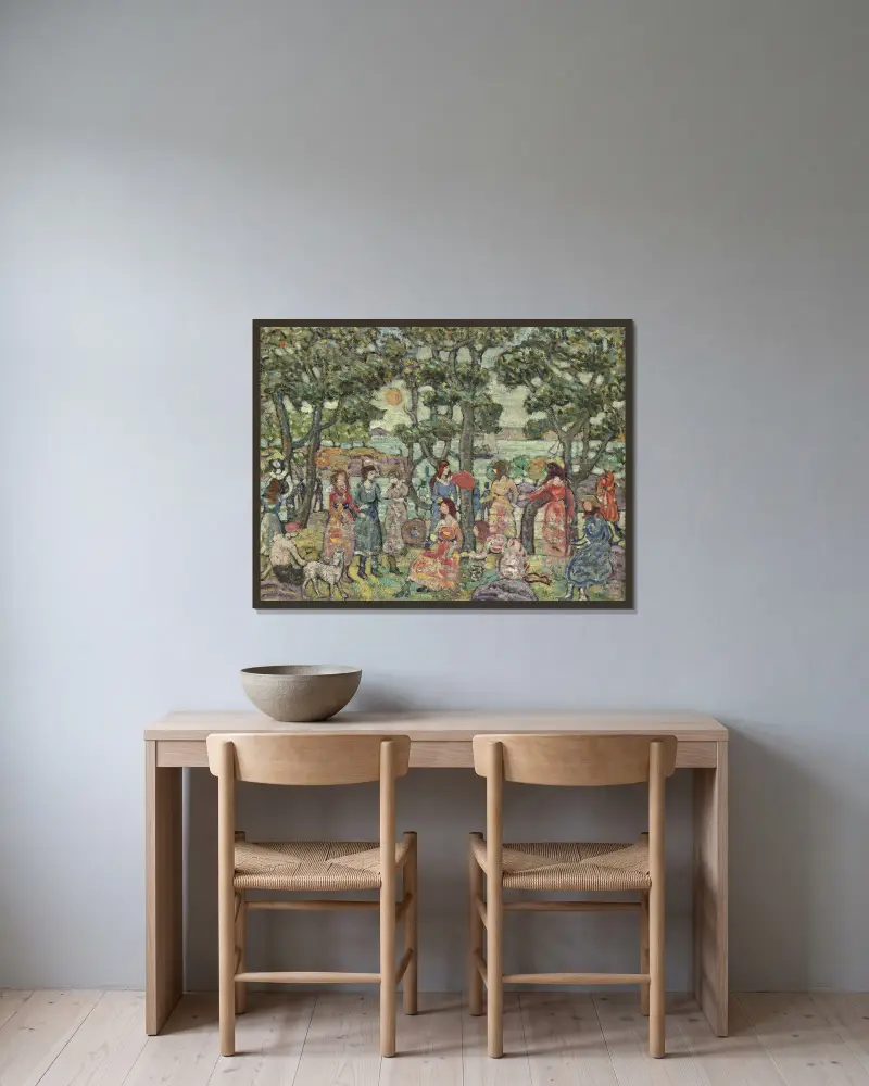Landschaft mit Figuren von Maurice Prendergast gerahmt an einer Wand