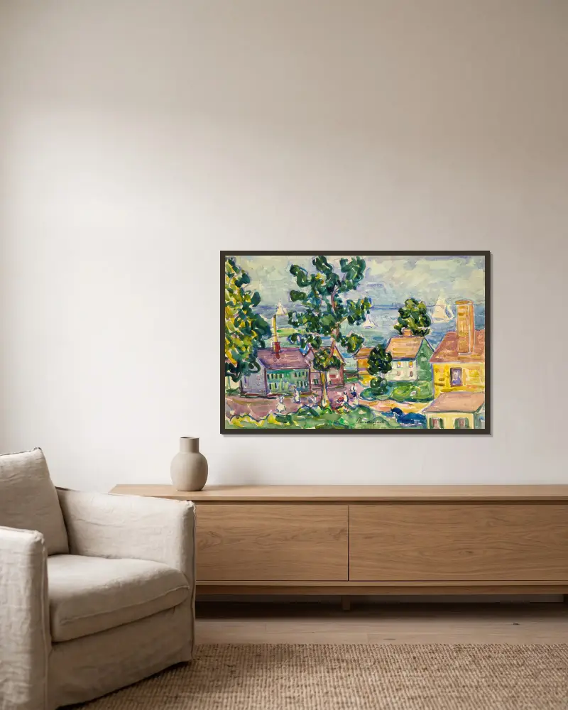 Küstendorf in Neuengland von Maurice Prendergast gerahmt an einer Wand