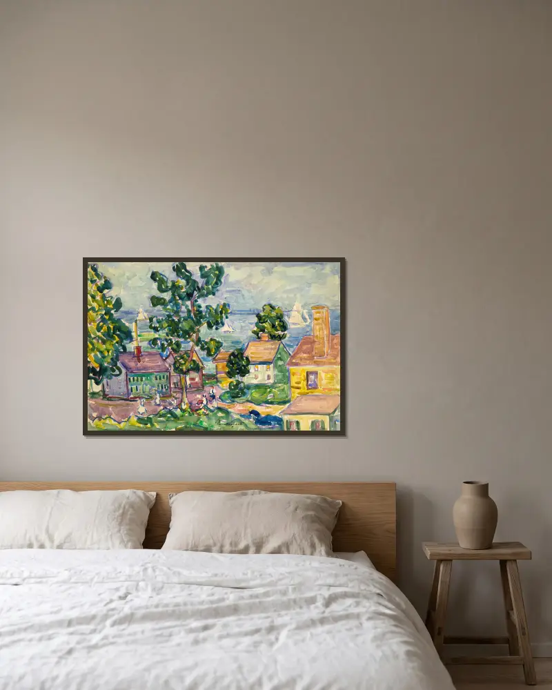 Küstendorf in Neuengland von Maurice Prendergast gerahmt an einer Wand