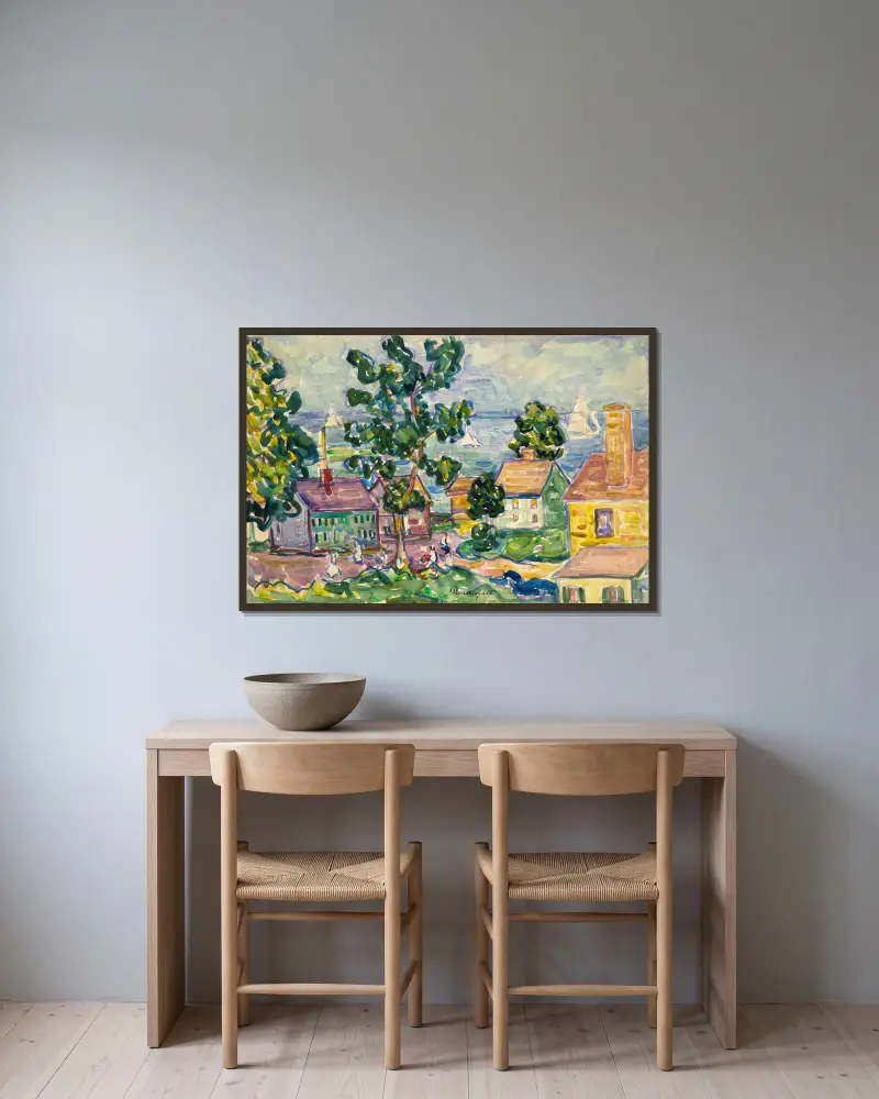 Küstendorf in Neuengland von Maurice Prendergast gerahmt an einer Wand