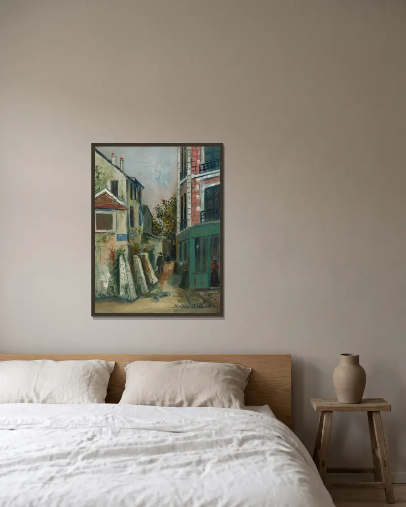 Belle Gabrielle et la rue Saint-Vincent à Montmartre av Maurice Utrillo inramad på en vägg