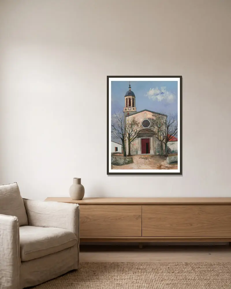 Eglise Saint-André, Irigny (Rhône) av Maurice Utrillo inramad på en vägg