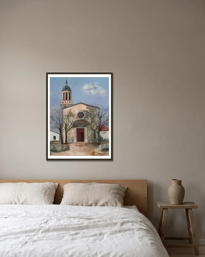 Eglise Saint-André, Irigny (Rhône) av Maurice Utrillo inramad på en vägg