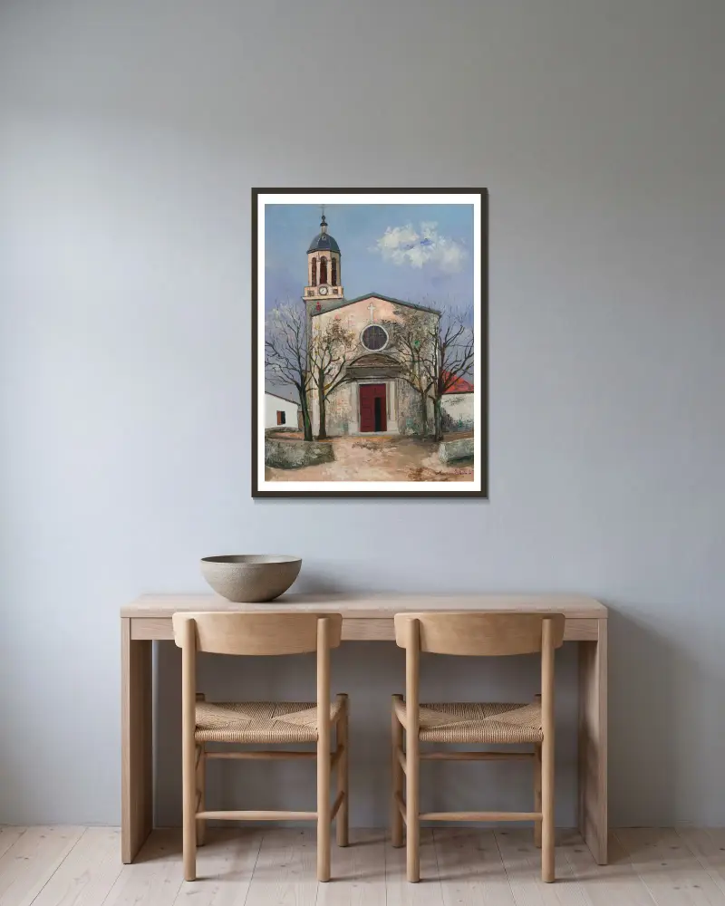 Eglise Saint-André, Irigny (Rhône) av Maurice Utrillo inramad på en vägg