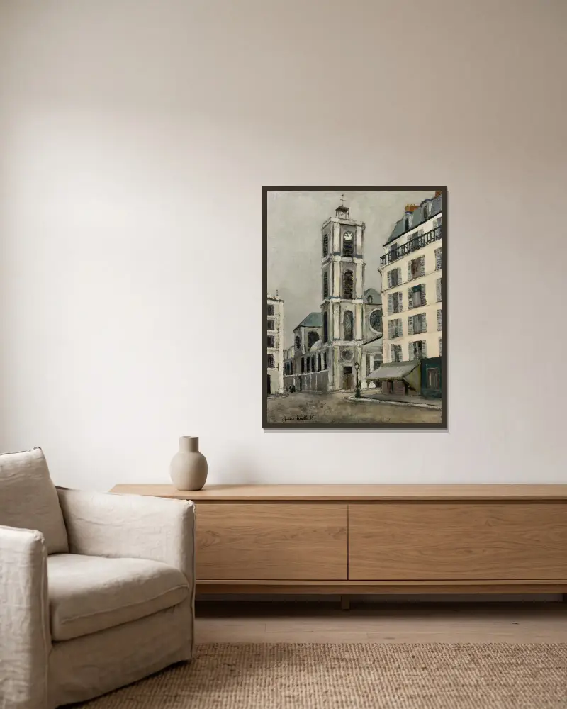 Église Saint-Jacques-du-Haut-Pas av Maurice Utrillo inramad på en vägg