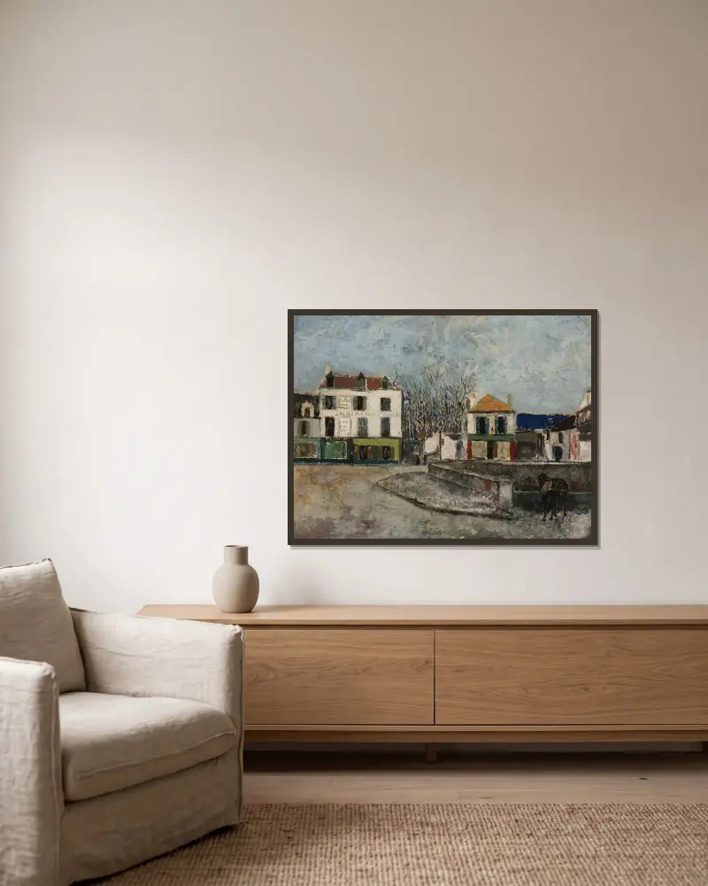 La Place du Pont à Sarcelles (Val-d’Oise) av Maurice Utrillo inramad på en vägg