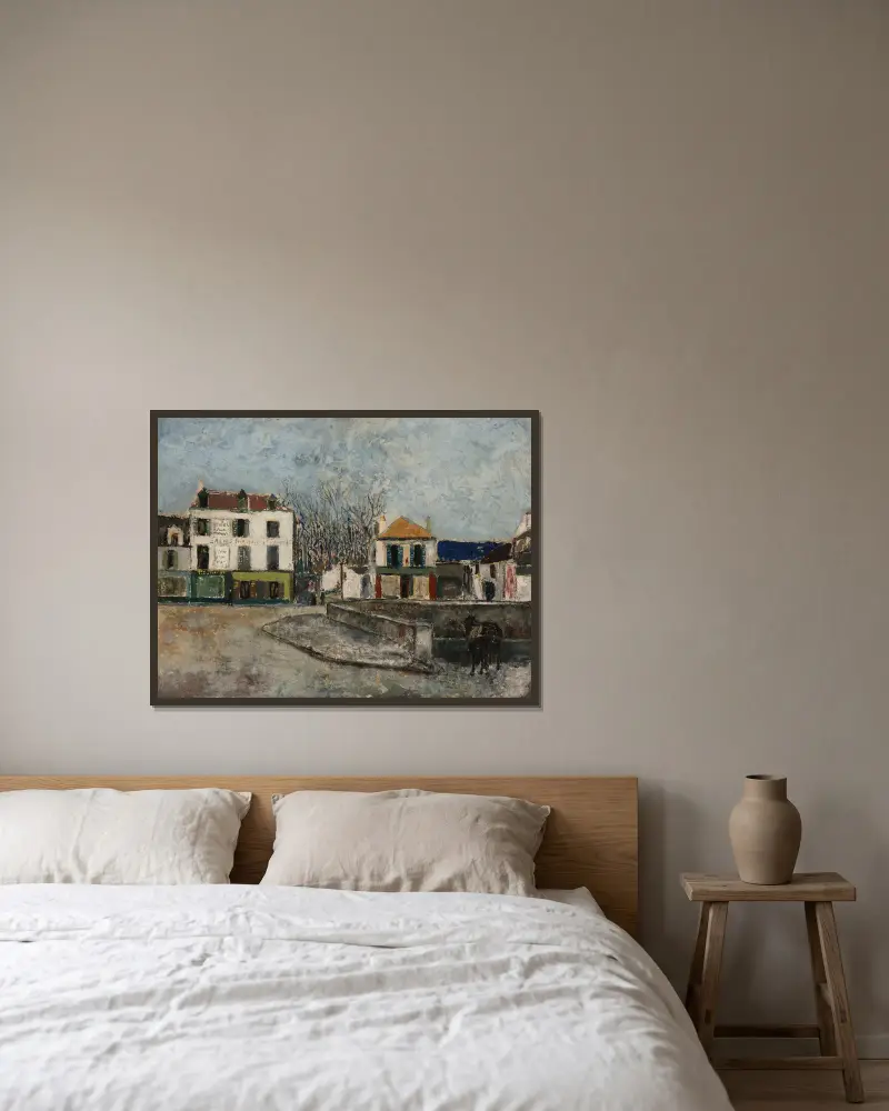 La Place du Pont à Sarcelles (Val-d’Oise) av Maurice Utrillo inramad på en vägg