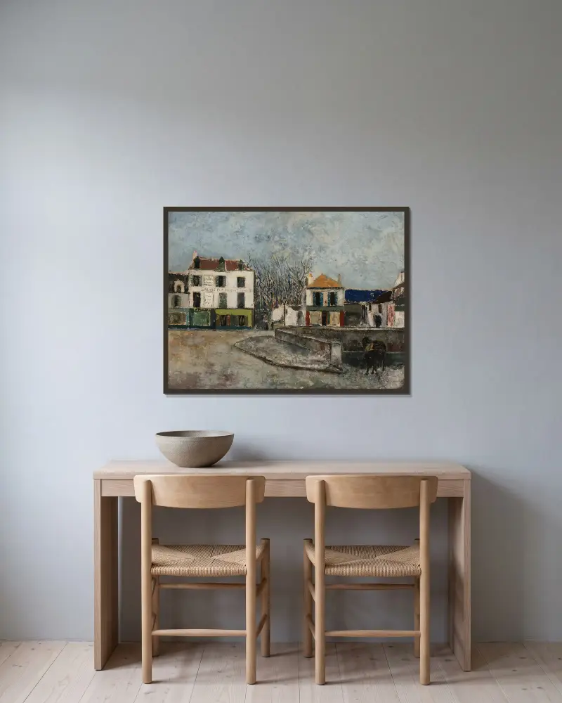 La Place du Pont à Sarcelles (Val-d’Oise) av Maurice Utrillo inramad på en vägg