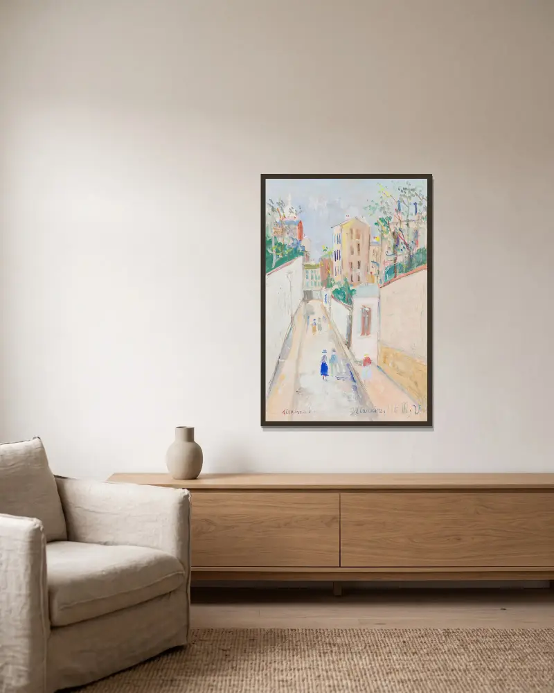 Montmartre, Rue Norvins av Maurice Utrillo inramad på en vägg