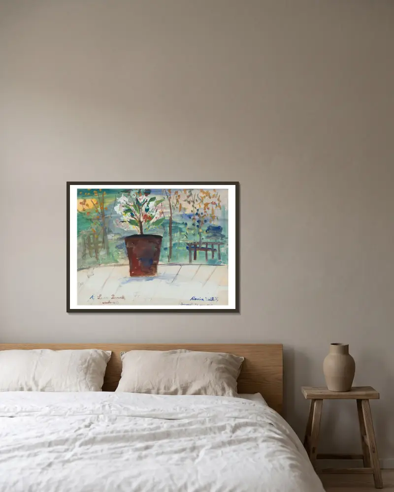 Pot de fleurs sur un fond de paysage av Maurice Utrillo inramad på en vägg
