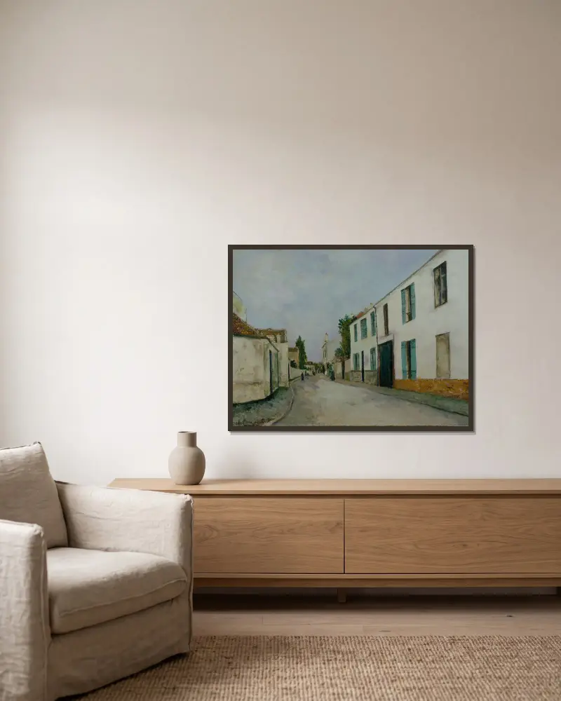 Straßenszene (Rue de village) von Maurice Utrillo gerahmt an einer Wand