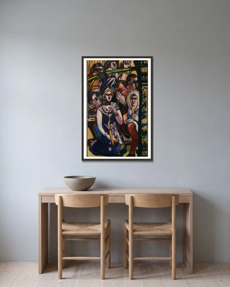 Blind Man’s Buff – Left side of the triptych av Max Beckmann inramad på en vägg