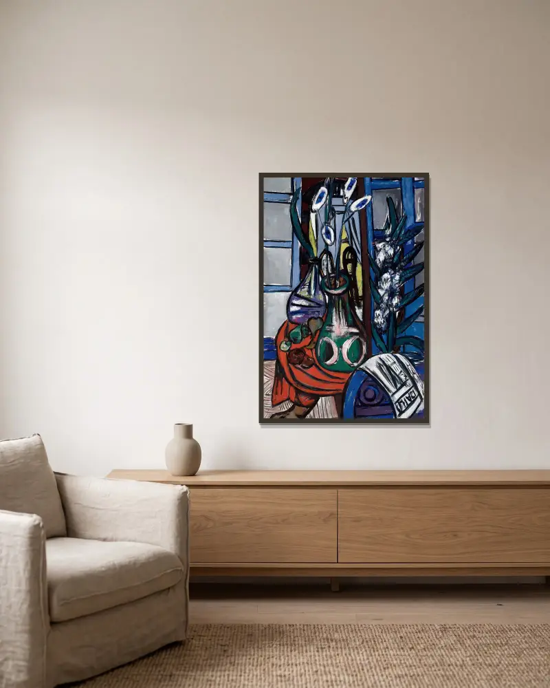 Velké zátiší v interiéru (modré), Max Beckmann v rámu na stěně