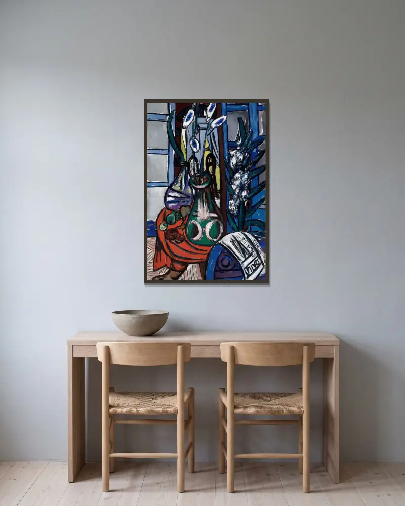 Velké zátiší v interiéru (modré), Max Beckmann v rámu na stěně