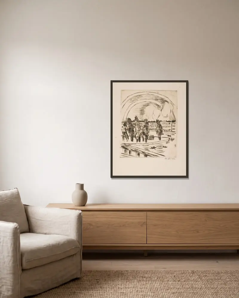 Mainlandschaft mit Regenbogen von Max Beckmann gerahmt an einer Wand