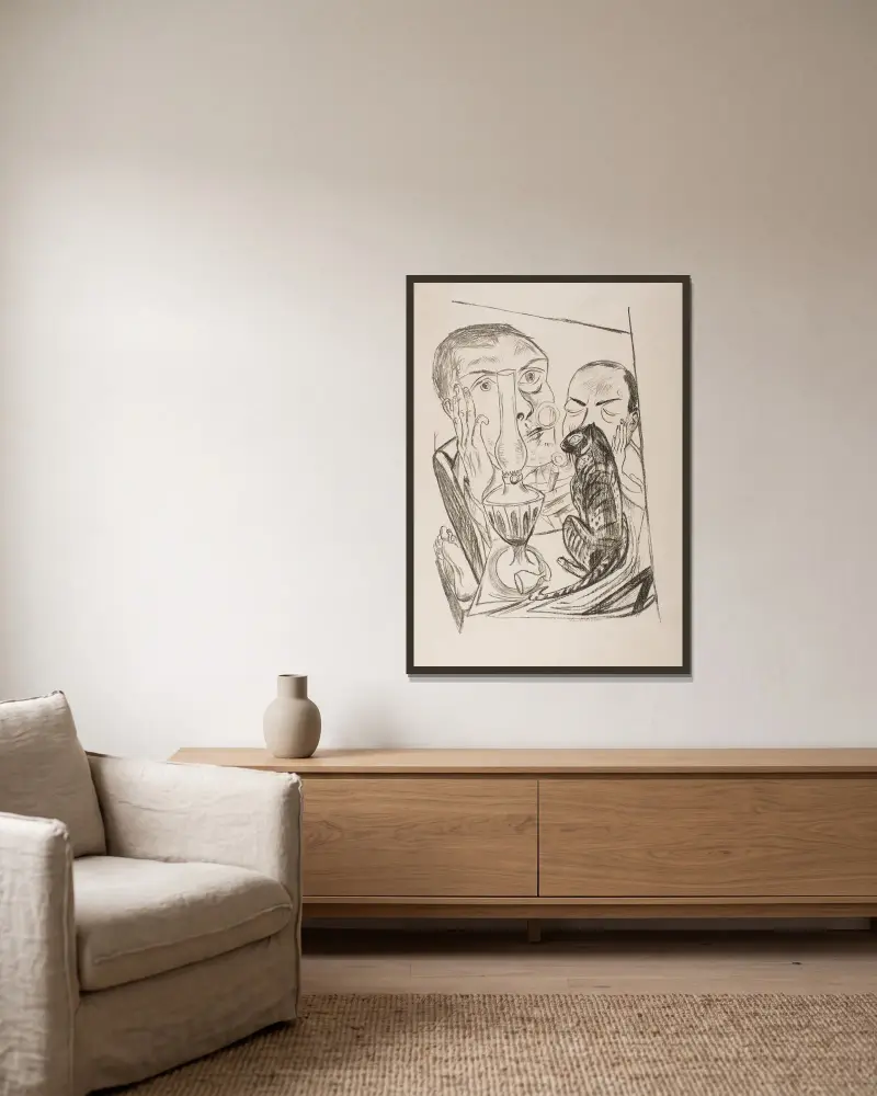 Selbstbildnis mit Katze und Lampe von Max Beckmann gerahmt an einer Wand