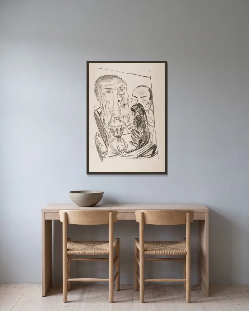 Selbstbildnis mit Katze und Lampe von Max Beckmann gerahmt an einer Wand