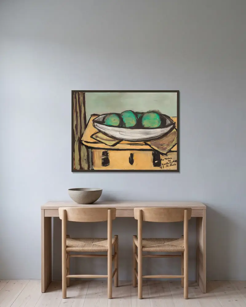 Still Life with Large Green Fruit av Max Beckmann inramad på en vägg