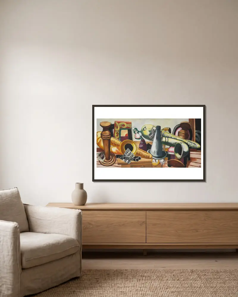 Still Life with Saxophones av Max Beckmann inramad på en vägg