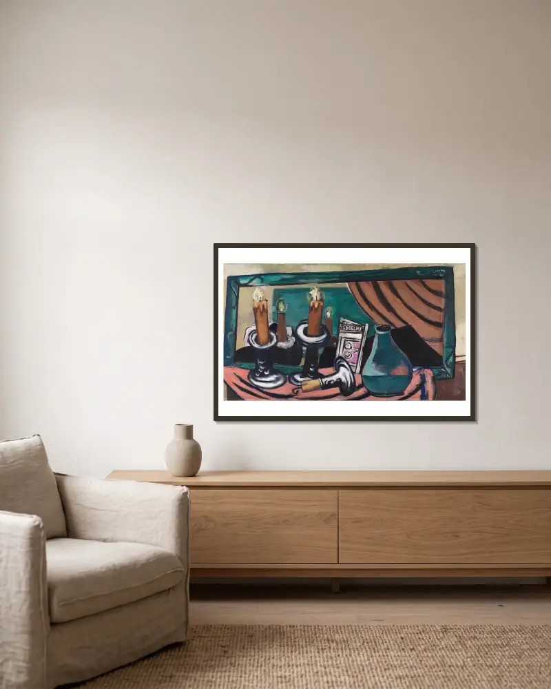 Stilleben mit gestürzter Kerze av Max Beckmann inramad på en vägg