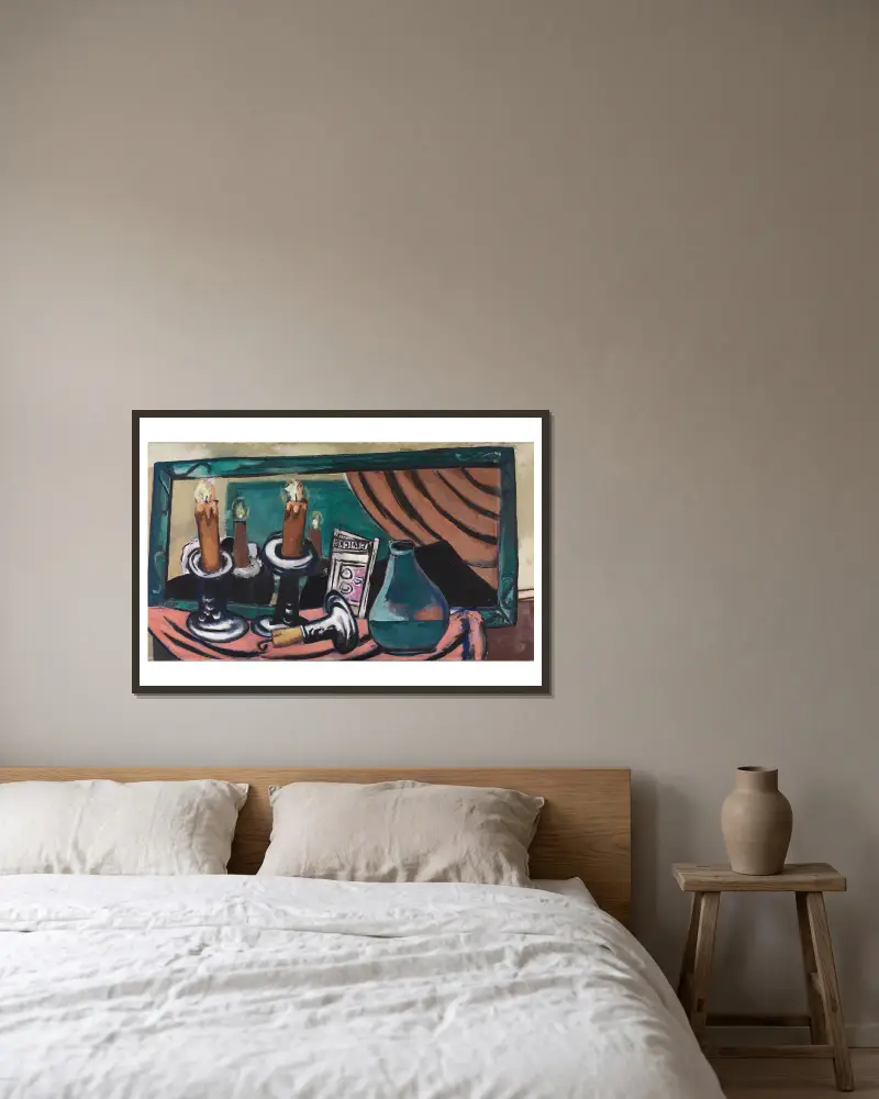 Stilleben mit gestürzter Kerze av Max Beckmann inramad på en vägg