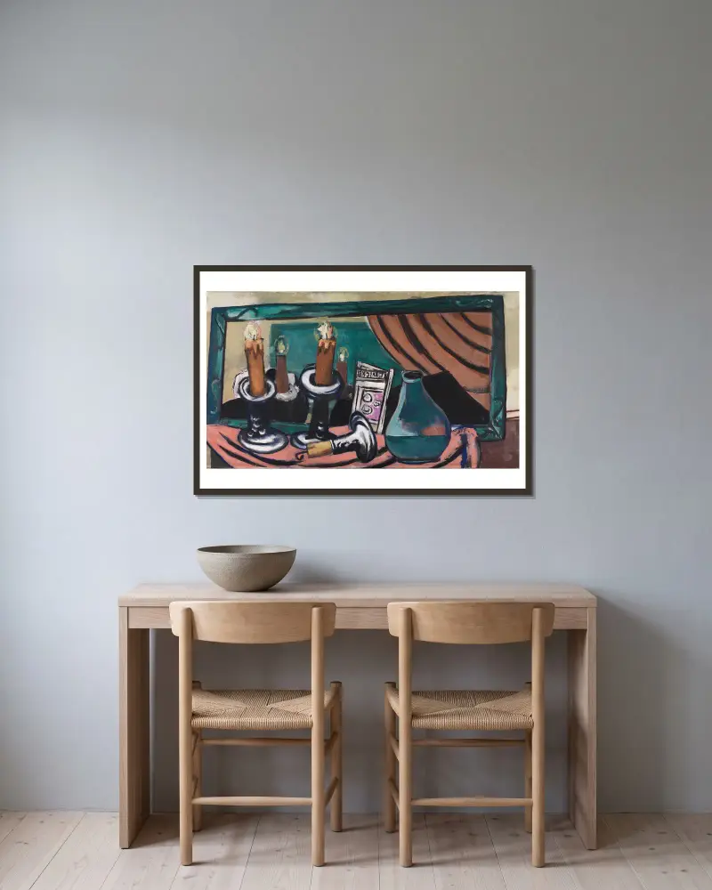 Stilleben mit gestürzter Kerze av Max Beckmann inramad på en vägg