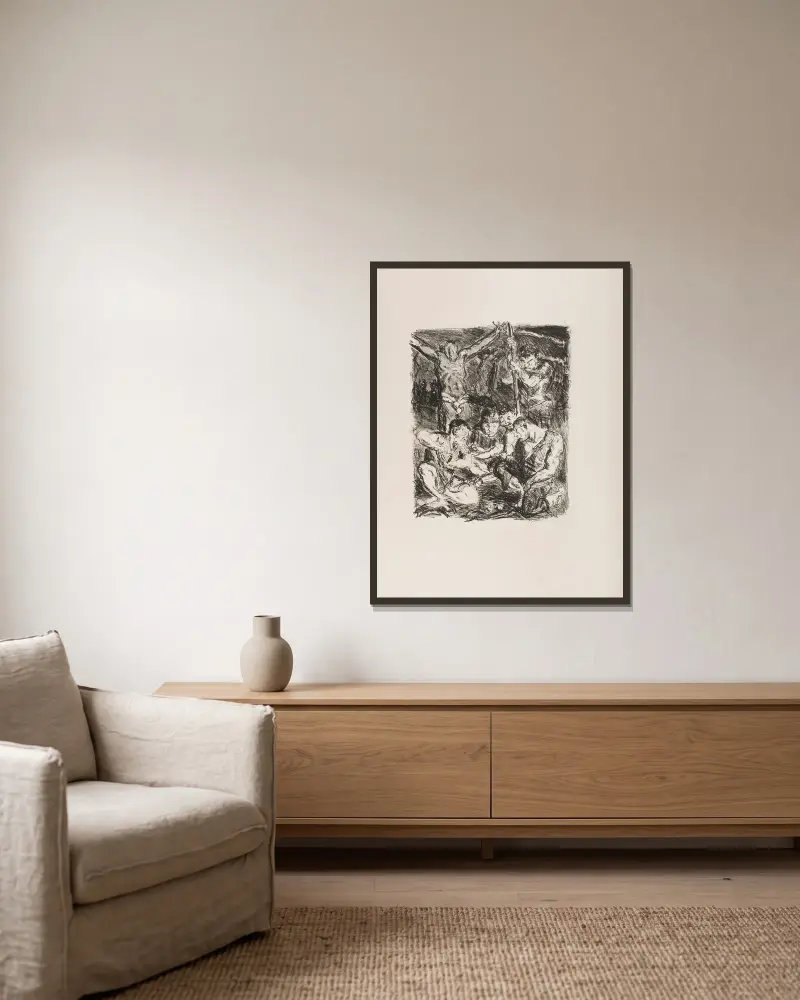 Throwing Dice before the Cross, plate 6 from the portfolio ‘Six Lithographs to the New Testament’ av Max Beckmann inramad på en vägg