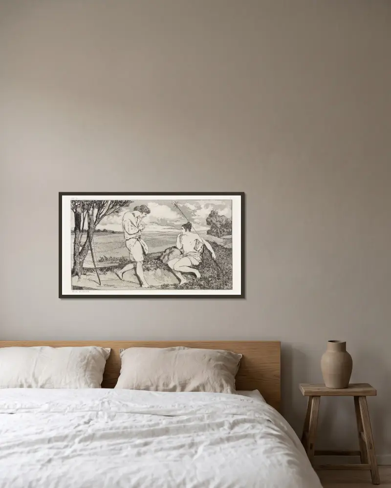 Apollo und Daphne I (Rettungen Ovidischer Opfer, Opus II, Blatt 10) von Max Klinger gerahmt an einer Wand