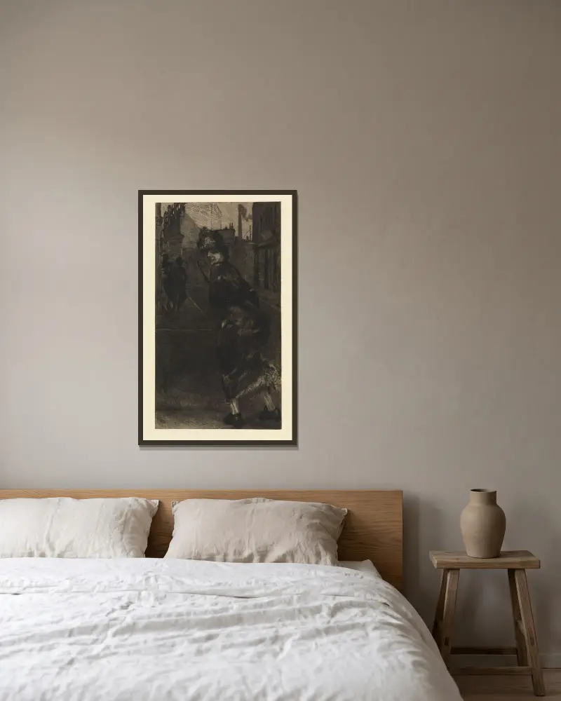 På gatan (Ett liv, Opus VIII, blad 9) av Max Klinger inramad på en vägg