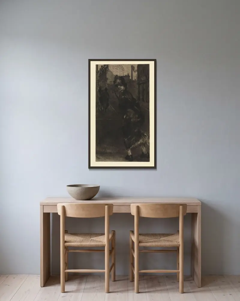 På gatan (Ett liv, Opus VIII, blad 9) av Max Klinger inramad på en vägg
