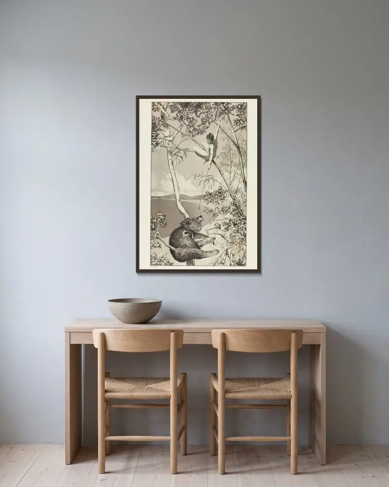 Bär und Elfe (Intermezzi, Opus IV, Blatt 1) von Max Klinger gerahmt an einer Wand