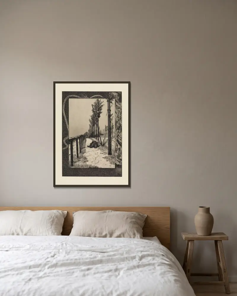Chaussee (Vom Tode, Erster Theil, Opus XI, Blatt 4) von Max Klinger gerahmt an einer Wand