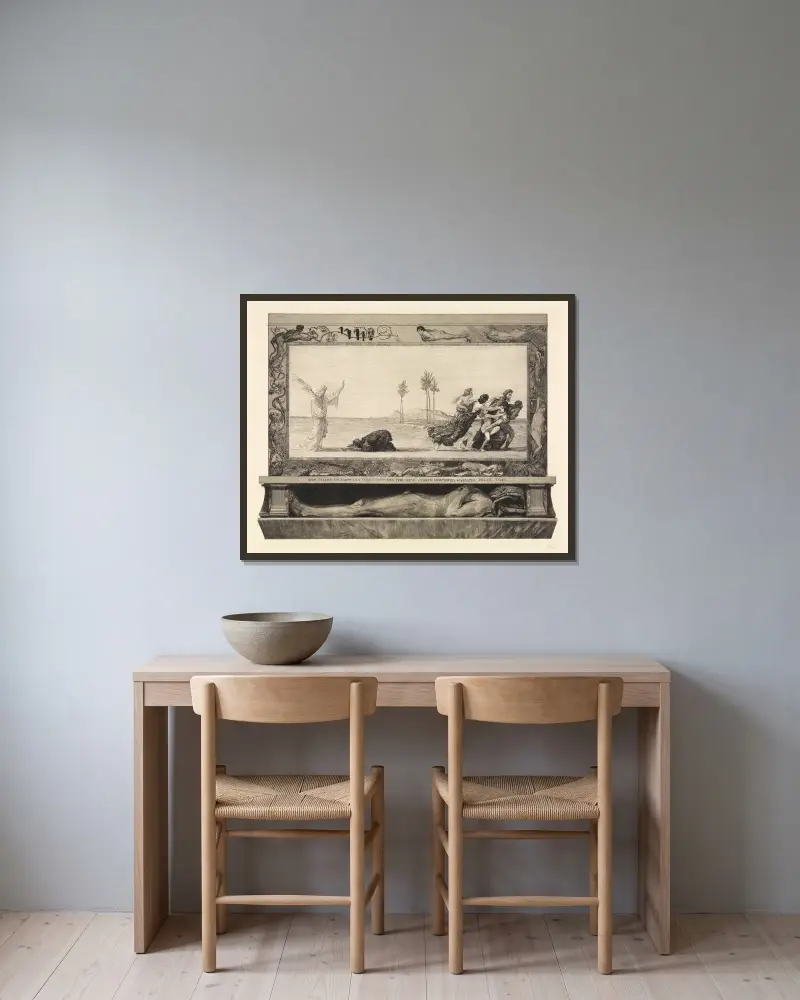 Döden som frälsare (Om döden, första delen, opus XI, blad 10) av Max Klinger inramad på en vägg