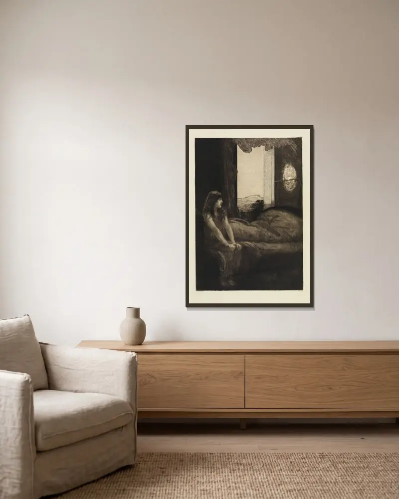 Erwachen (Eine Liebe, Opus X, Blatt 8) von Max Klinger gerahmt an einer Wand