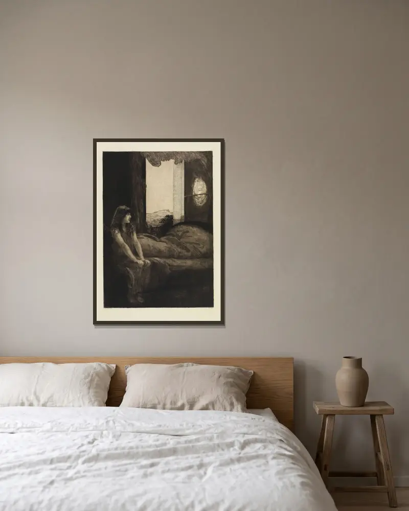 Erwachen (Eine Liebe, Opus X, Blatt 8) von Max Klinger gerahmt an einer Wand