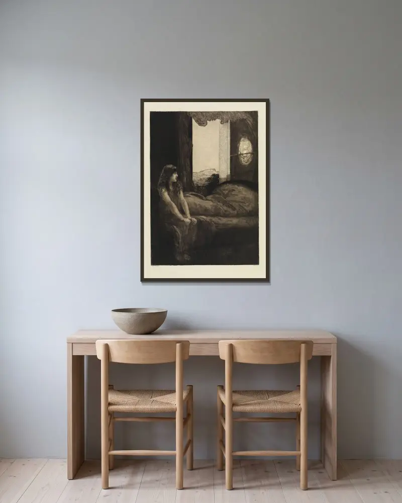 Erwachen (Eine Liebe, Opus X, Blatt 8) von Max Klinger gerahmt an einer Wand